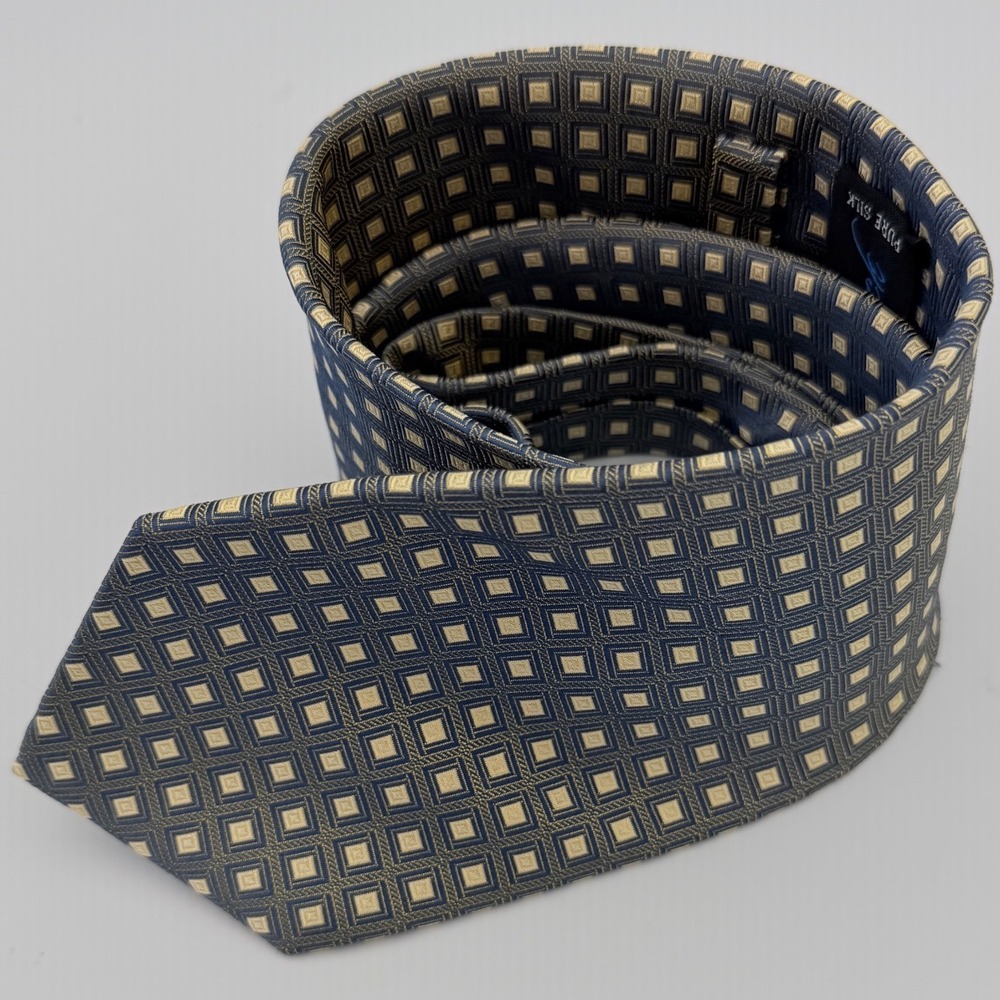 Peacock Pure Silk Tie Blue Gold Geometric Square Pattern Handmade Mens Necktie